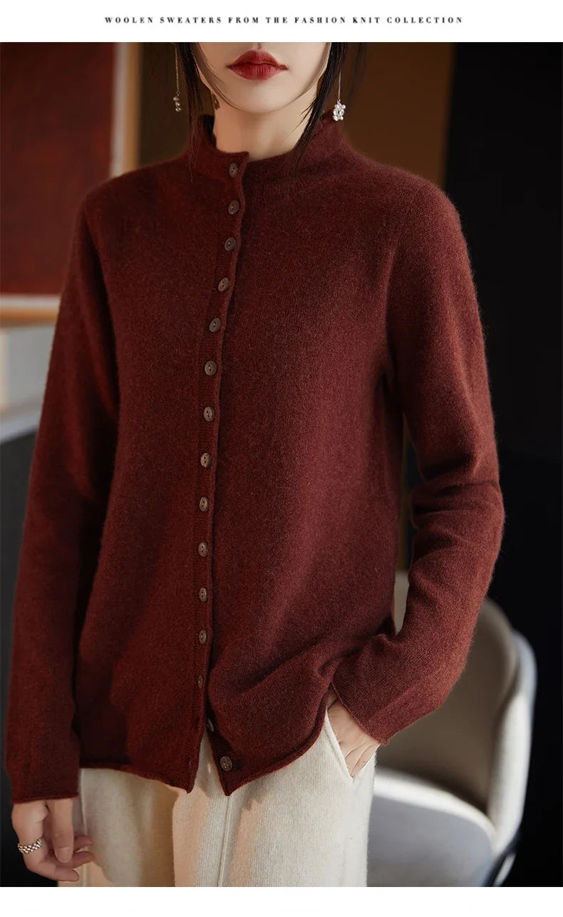 Women’s merino wool button cardigan, burgundy, button-front and high neckline.