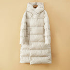 White long down puffer parka with hood and front zipper