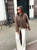 Taupe boxy cardigan sweater with button front, long sleeves and relaxed fit