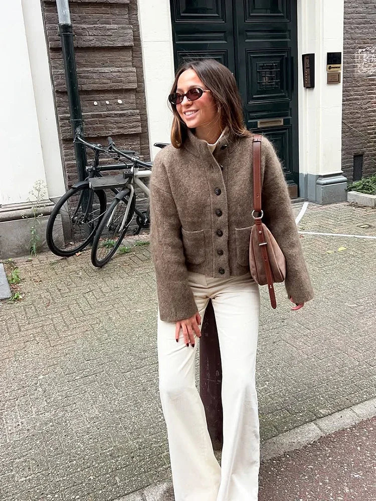 Taupe boxy cardigan sweater with button front, long sleeves and relaxed fit