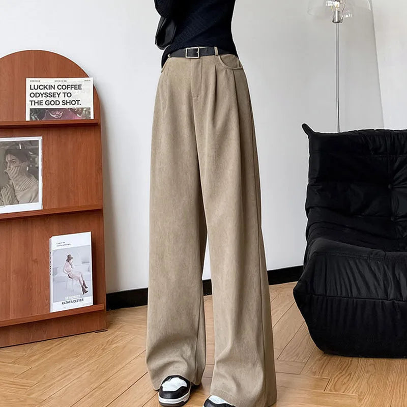 Khaki corduroy wide-leg high-rise pants with belt and pleated front