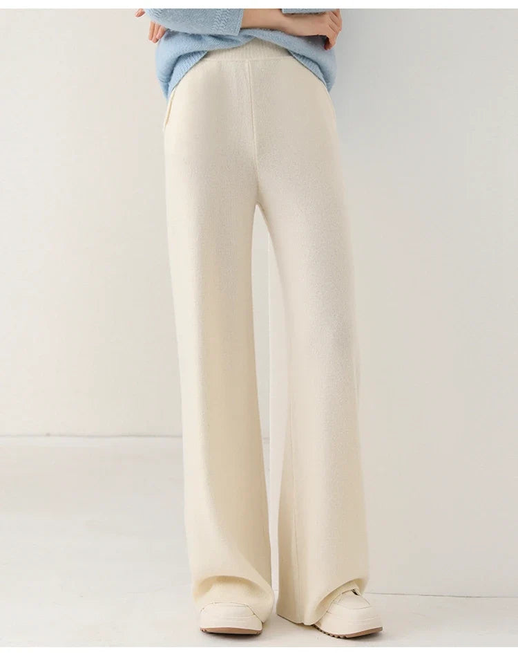 Women’s wide-leg knit pants in cream, front view cropped at waist and down to shoes