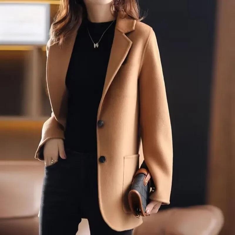 Camel wool blazer, notched lapel, single-breasted button front, welt pockets