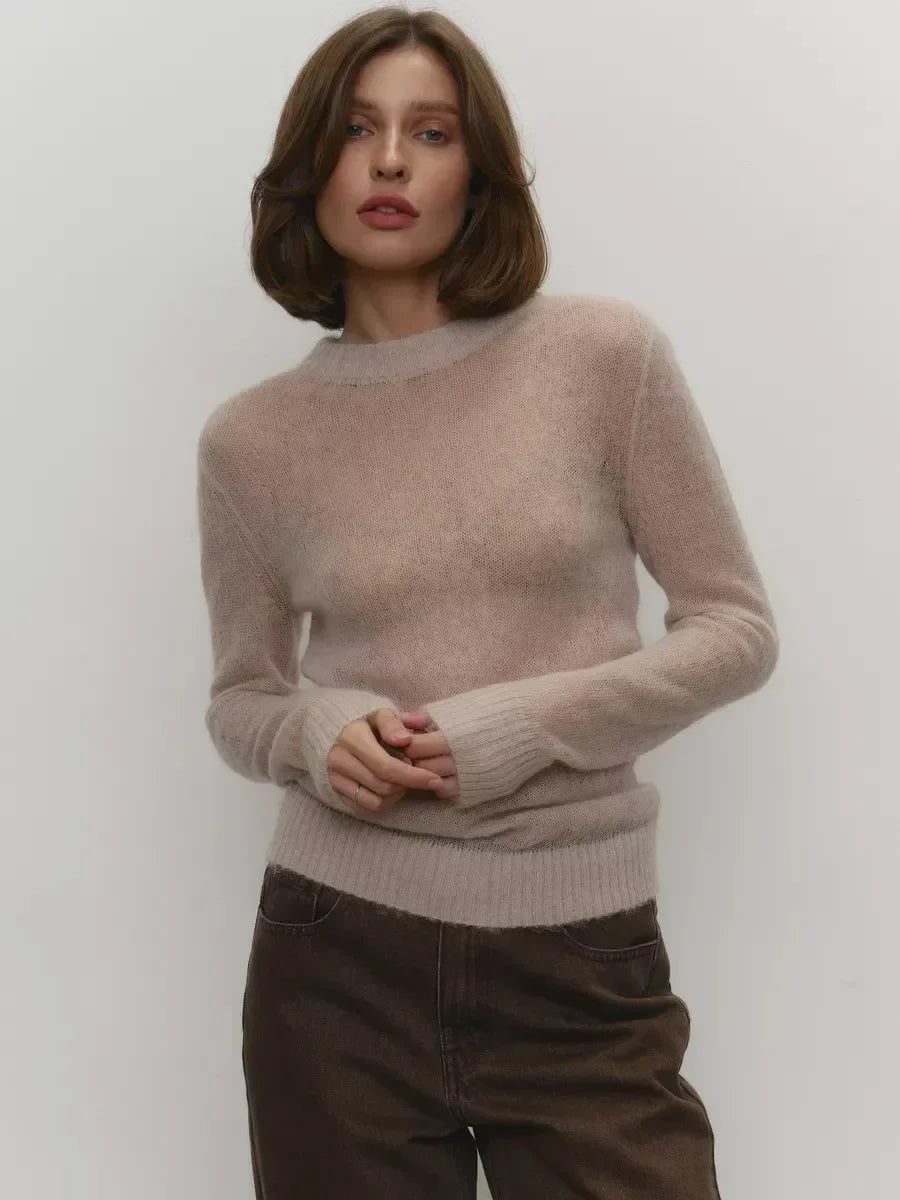 Lightweight crewneck knit sweater in taupe with long sleeves and ribbed neckline.