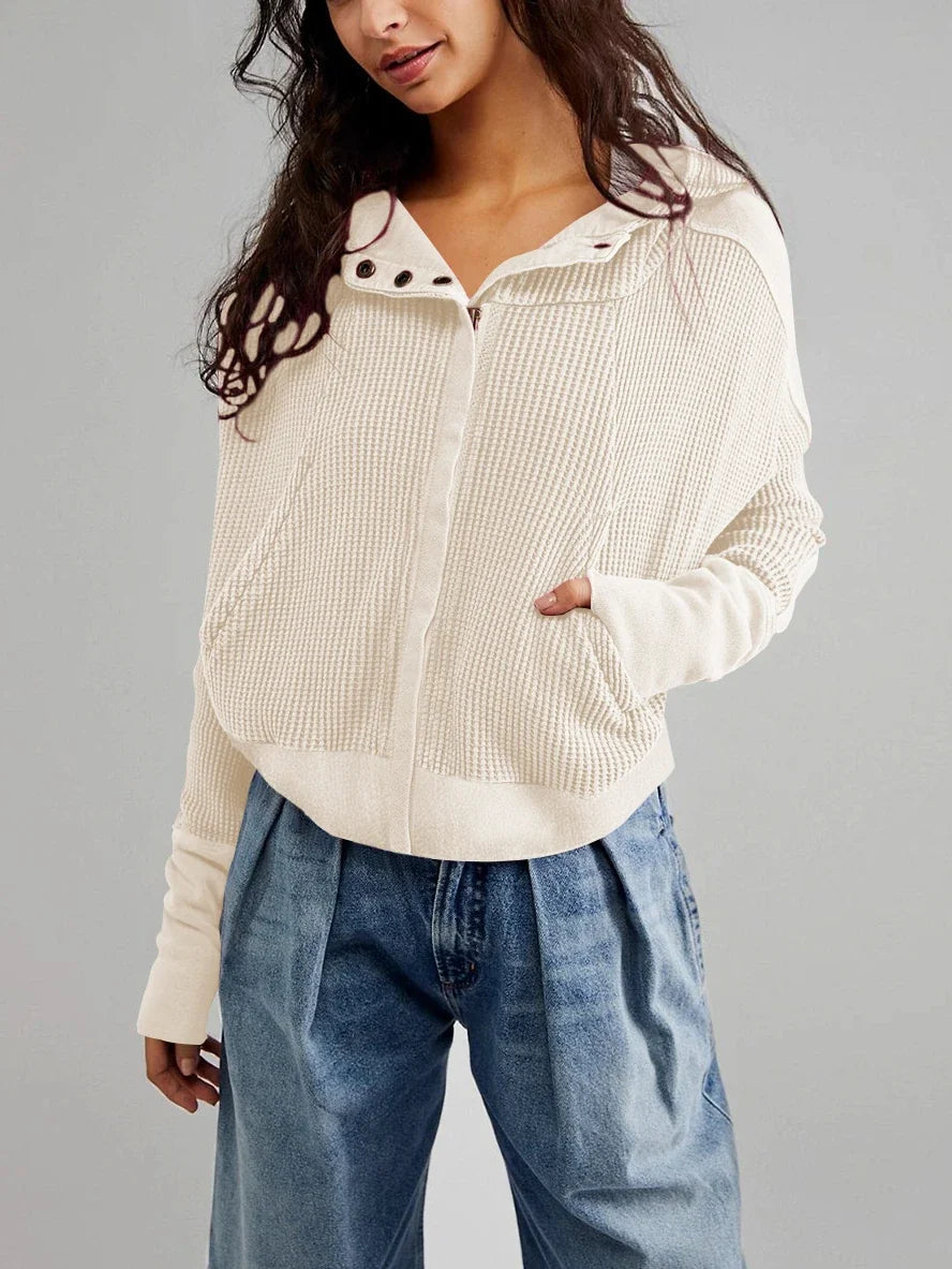 Savaya waffle hoodie in cream, zip-front with hood and kangaroo pocket