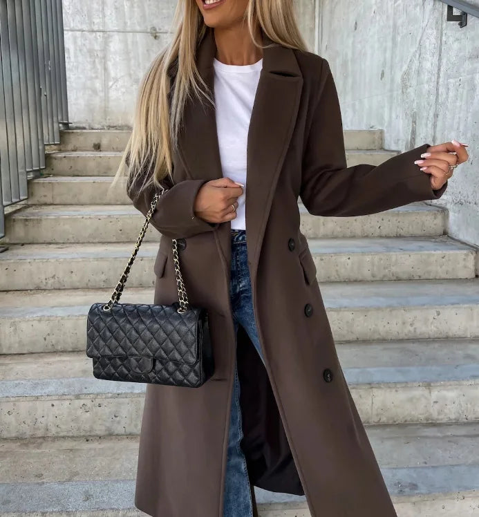 Women's thick double-breasted long coat, dark brown, open front with buttons