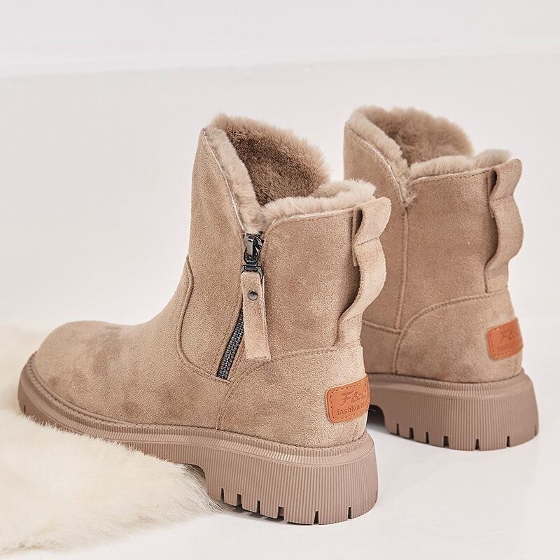 Beige suede winter boots with faux-fur lining and side zipper, chunky non-slip sole