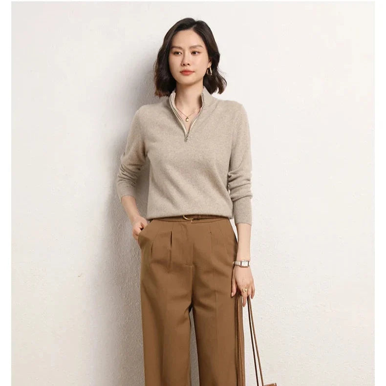 Women’s half-zip mock neck knit sweater in light camel-beige, ribbed collar and cuffs