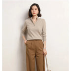 Women’s half-zip mock neck knit sweater in light camel-beige, ribbed collar and cuffs