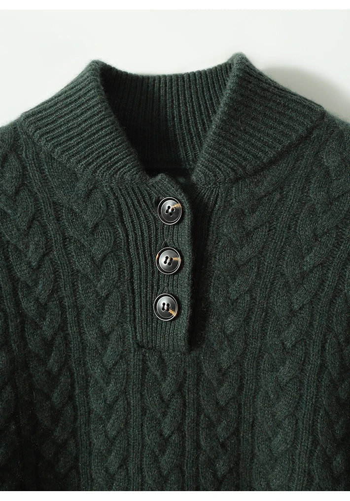Dark green cable-knit cashmere sweater with three-button placket and ribbed collar