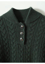 Dark green cable-knit cashmere sweater with three-button placket and ribbed collar