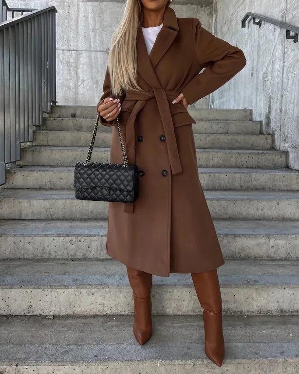 Women's thick double-breasted long coat with belt, cocoa brown, button-front