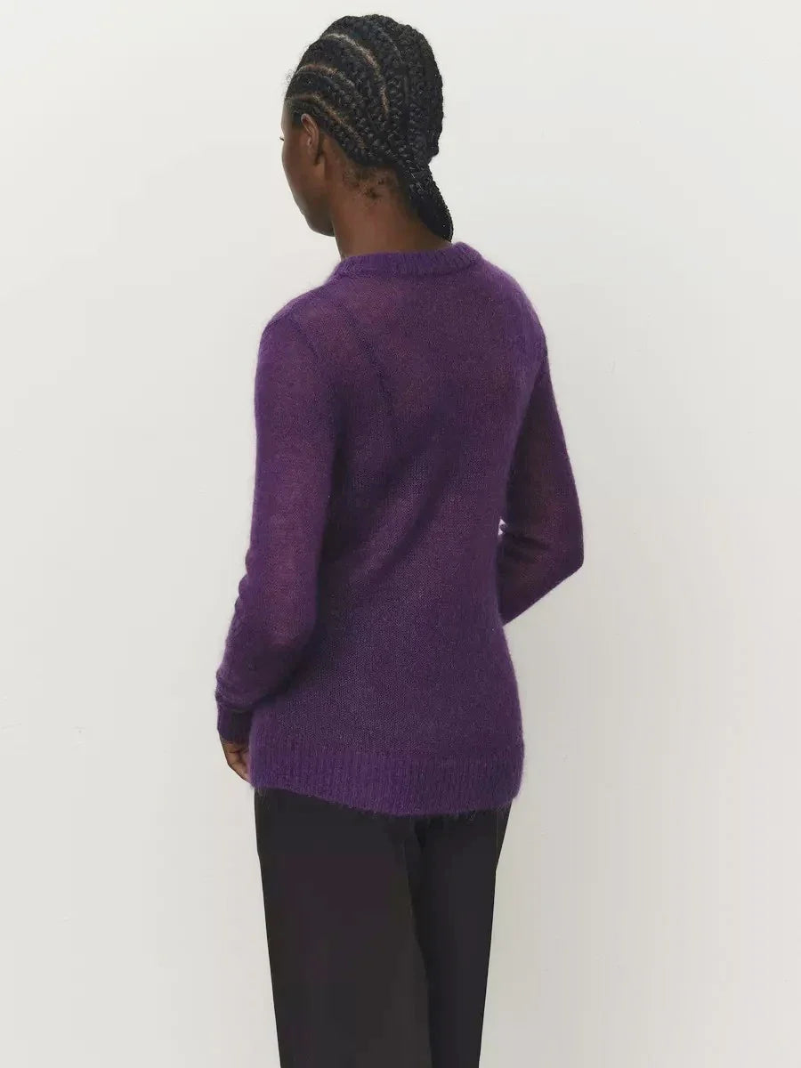 Purple crewneck knit sweater from the back view with ribbed hem