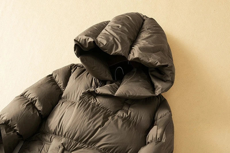 Long down puffer parka with hood, dark brown quilted puffer collar detail