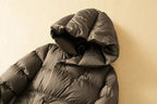 Long down puffer parka with hood, dark brown quilted puffer collar detail