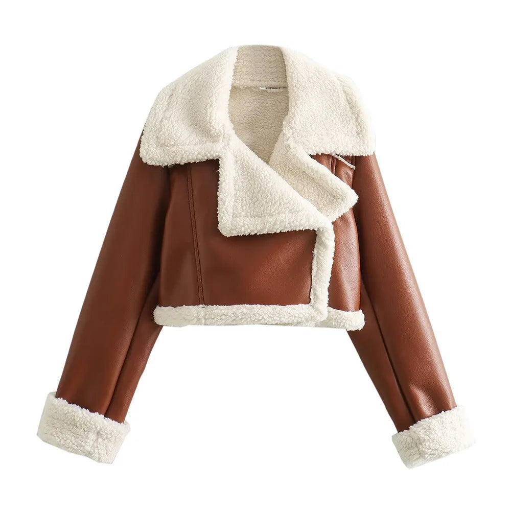Lara cropped fleece jacket in light brown leather with cream sherpa trim and zip front