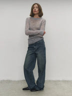 Heather grey crewneck knit sweater with long sleeves and ribbed neckline