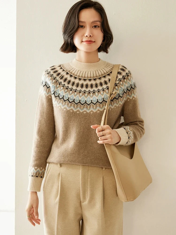 Women's camel-brown Fair Isle mock neck sweater with patterned neckline