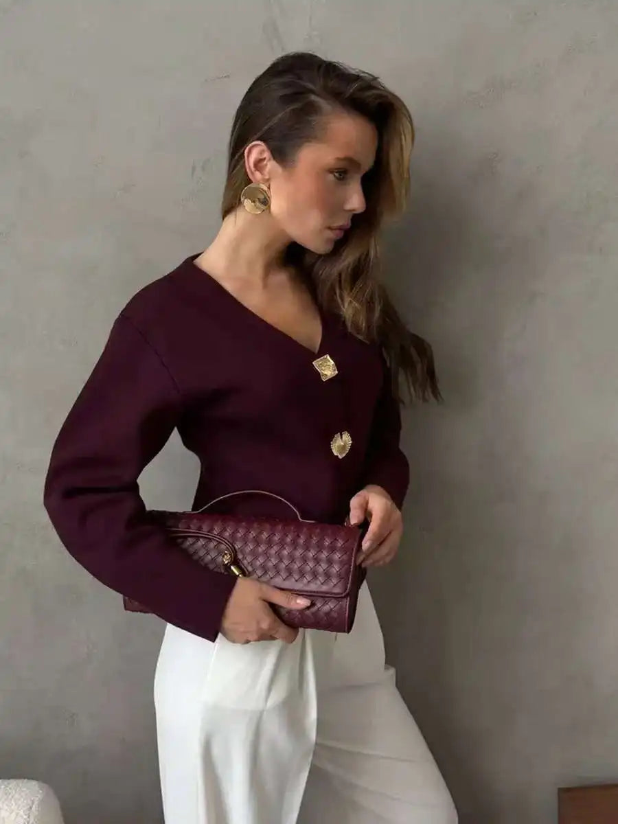 Women’s boxy V-neck cardigan sweater in burgundy with gold-tone buttons and long sleeves