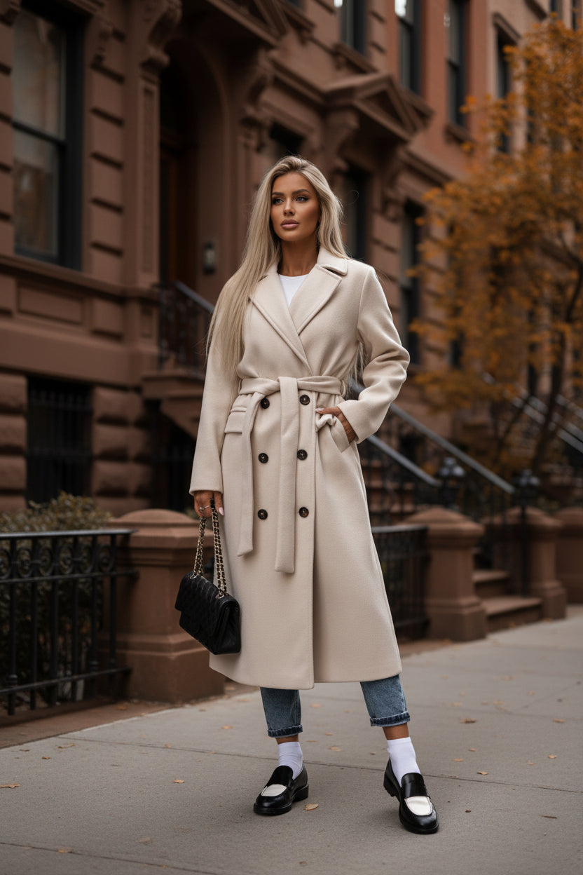 Women's thick double-breasted long coat with belt, beige button-front