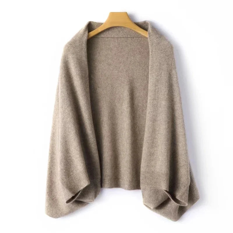 Wool-cashmere blend shawl wrap, camel/taupe tone, folded open front with knit trim