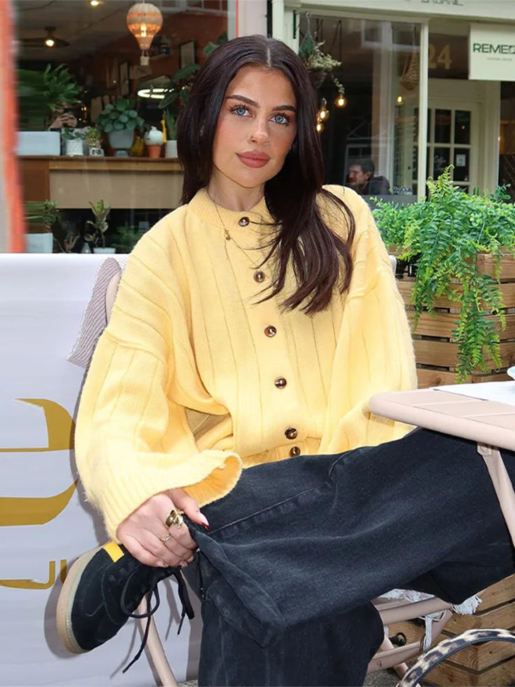 Women’s oversized button-front cardigan, soft cable-knit, yellow