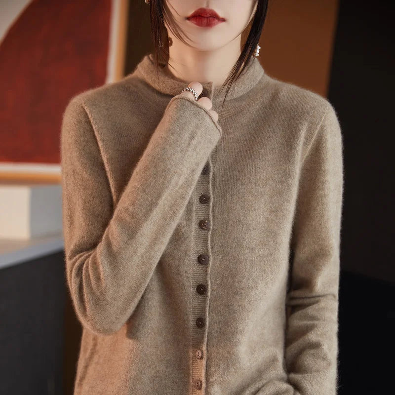Women's merino wool button cardigan, taupe fuzzy knit, button-front with stand collar