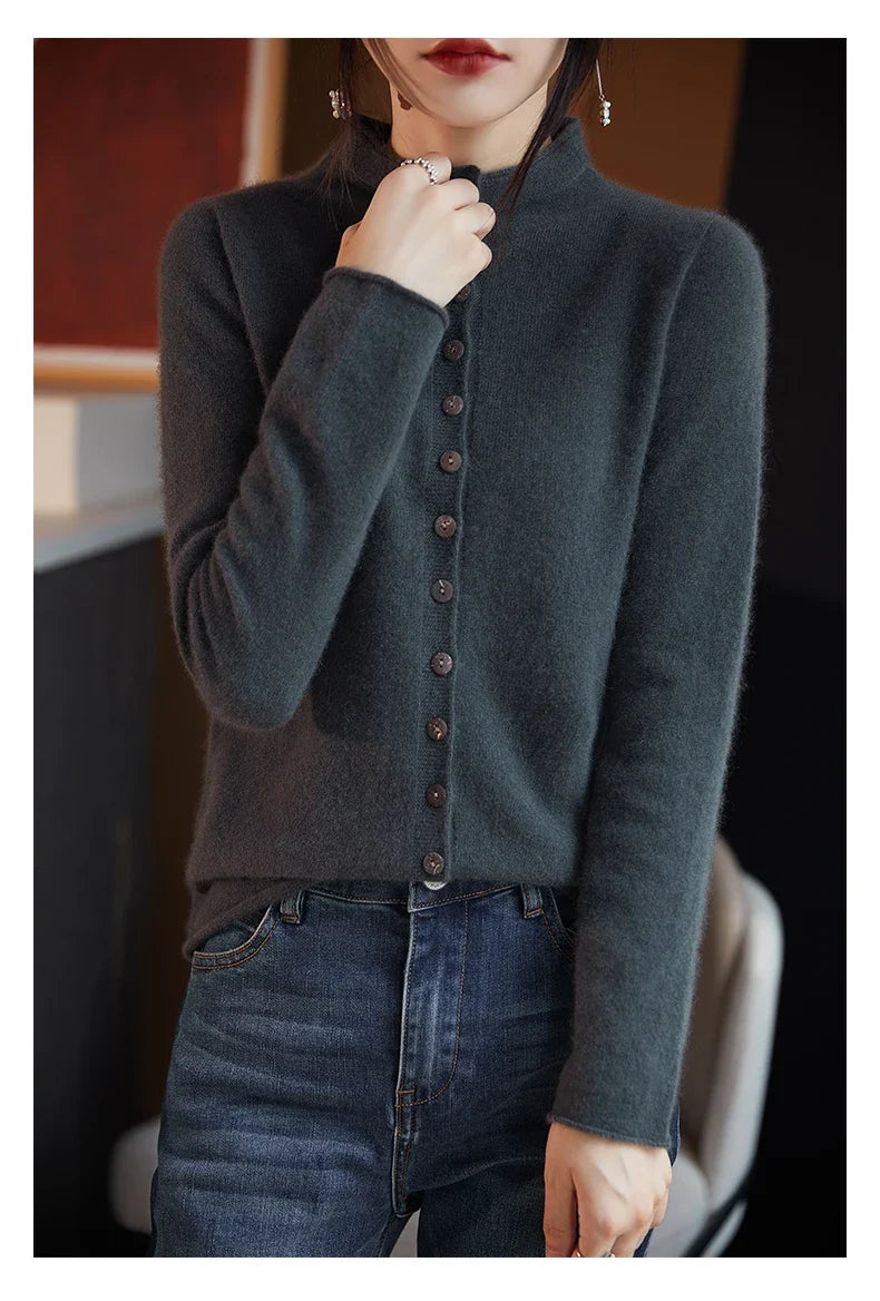 Women’s merino wool button cardigan, dark teal/gray, button-front with high neckline.