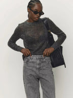 Lightweight crewneck knit sweater in dark grey with ribbed hem and long sleeves