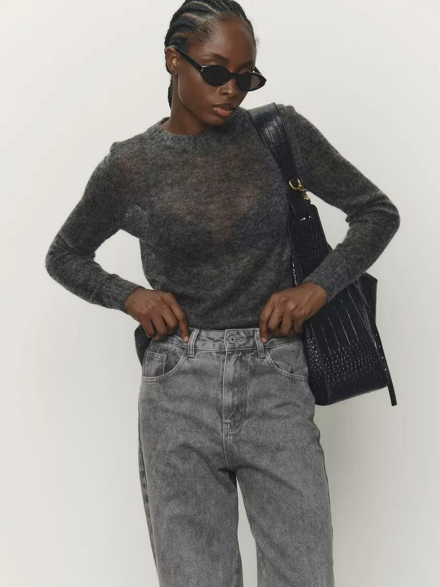 Lightweight crewneck knit sweater in dark grey with ribbed hem and long sleeves