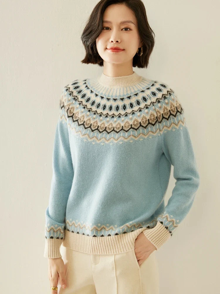 Light blue Fair Isle knit sweater with mock neck, patterned yoke, and ribbed trim.