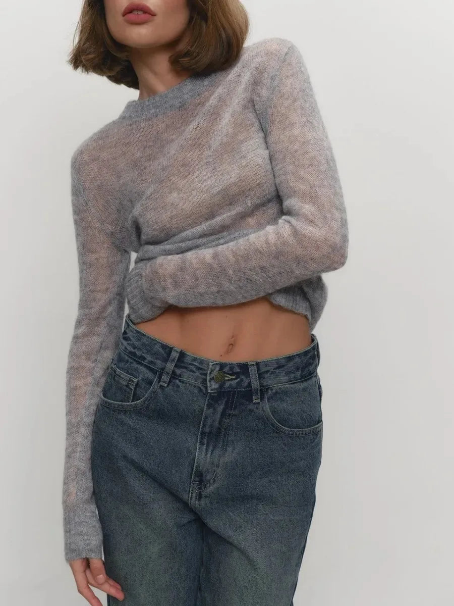 Heather grey crewneck knit sweater with long sleeves and ribbed hem