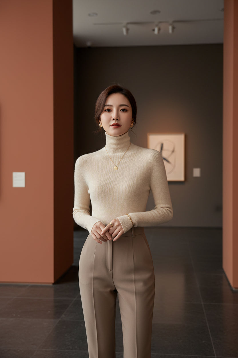 Ivory pearl cashmere turtleneck sweater with ribbed knit and long sleeves