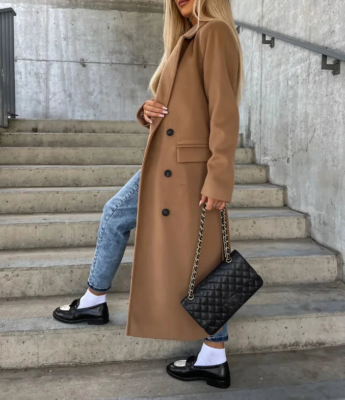 Women's thick double-breasted long coat, camel brown, button-front, flap pockets