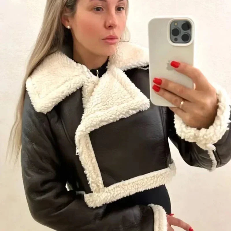 Lara cropped fleece jacket in black leather with cream sherpa collar and trim
