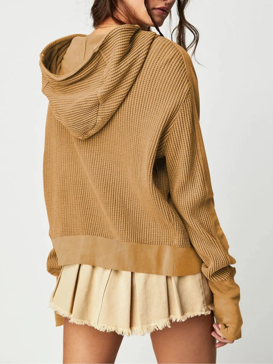 Back view of camel-brown waffle hoodie with hood and ribbed hem