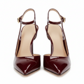 Buckle-strap slingback heels with burgundy pointed toe and slim stiletto heel