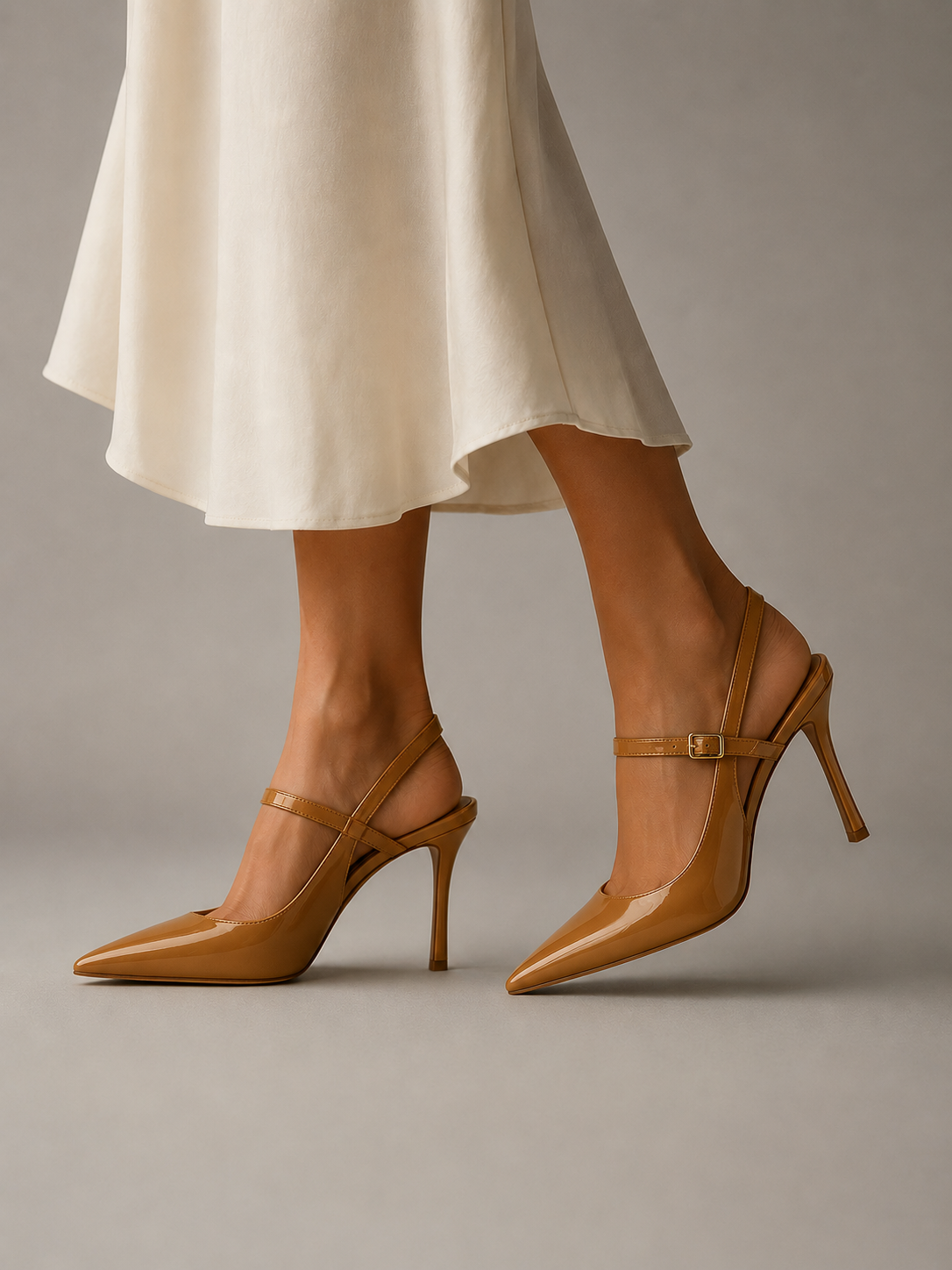 Buckle-strap slingback heels in tan with pointed toe and slim stiletto heel