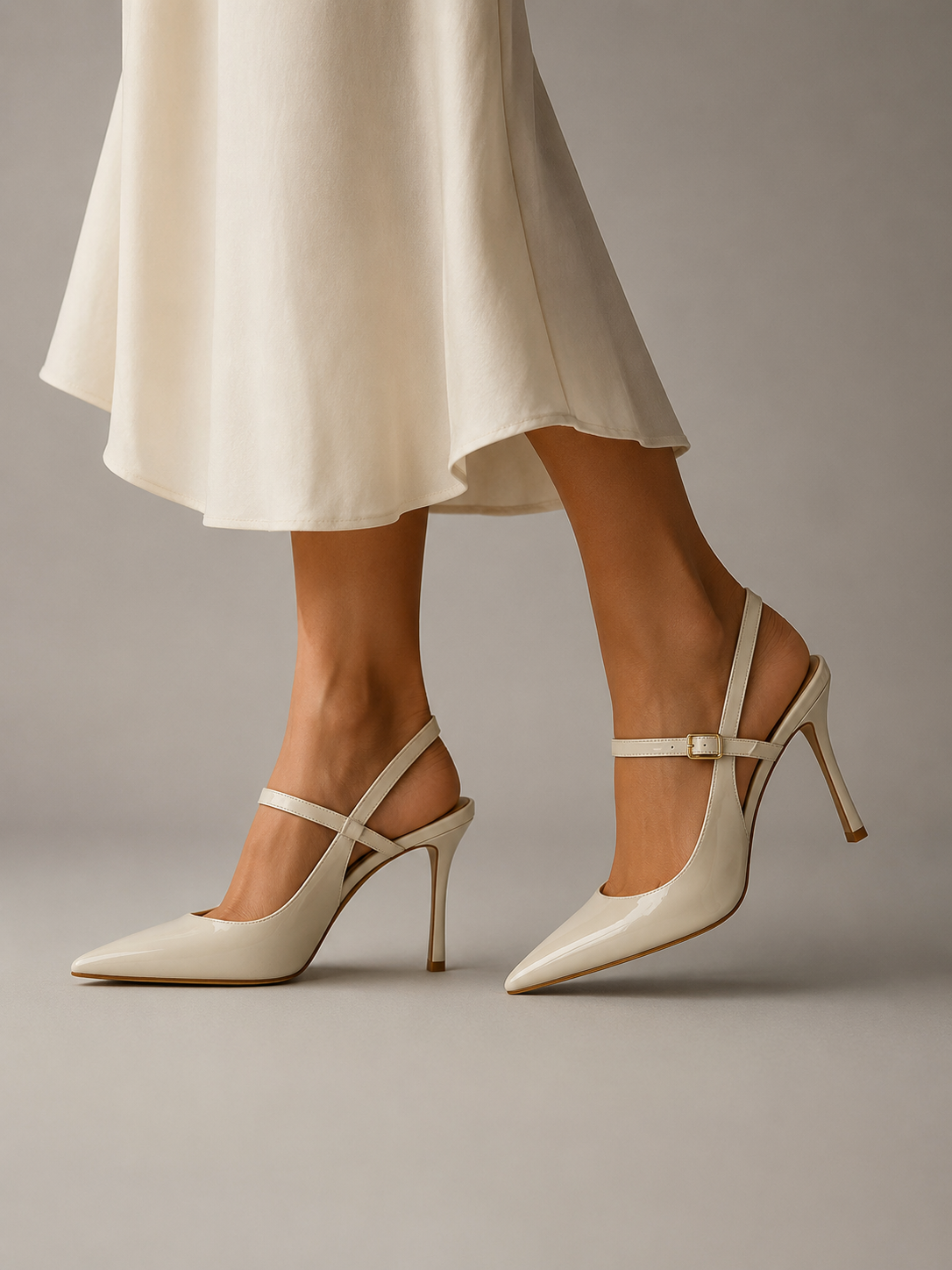 Buckle-strap slingback heels in cream with pointed toe and slim stiletto heel