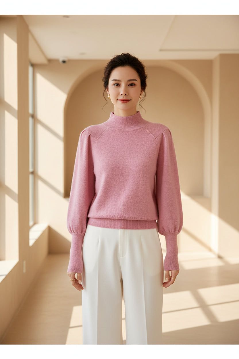 Pink merino turtleneck sweater with puff sleeves and ribbed cuffs