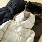 White down puffer parka hood and quilted baffle stitching close-up