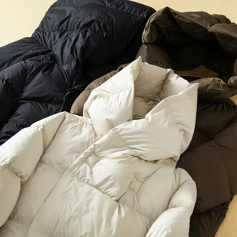 White down puffer parka hood and quilted baffle stitching close-up