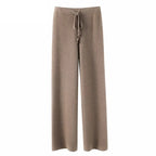 Women’s high-waisted wide-leg lounge pants with drawstring tie, taupe/brown color