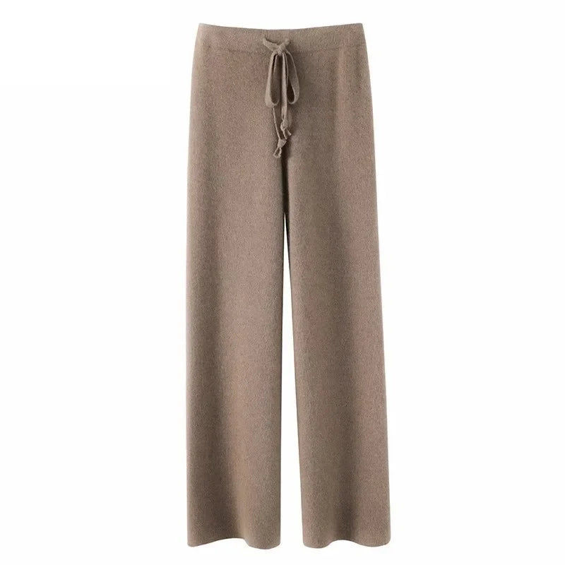Women’s high-waisted wide-leg lounge pants with drawstring tie, taupe/brown color