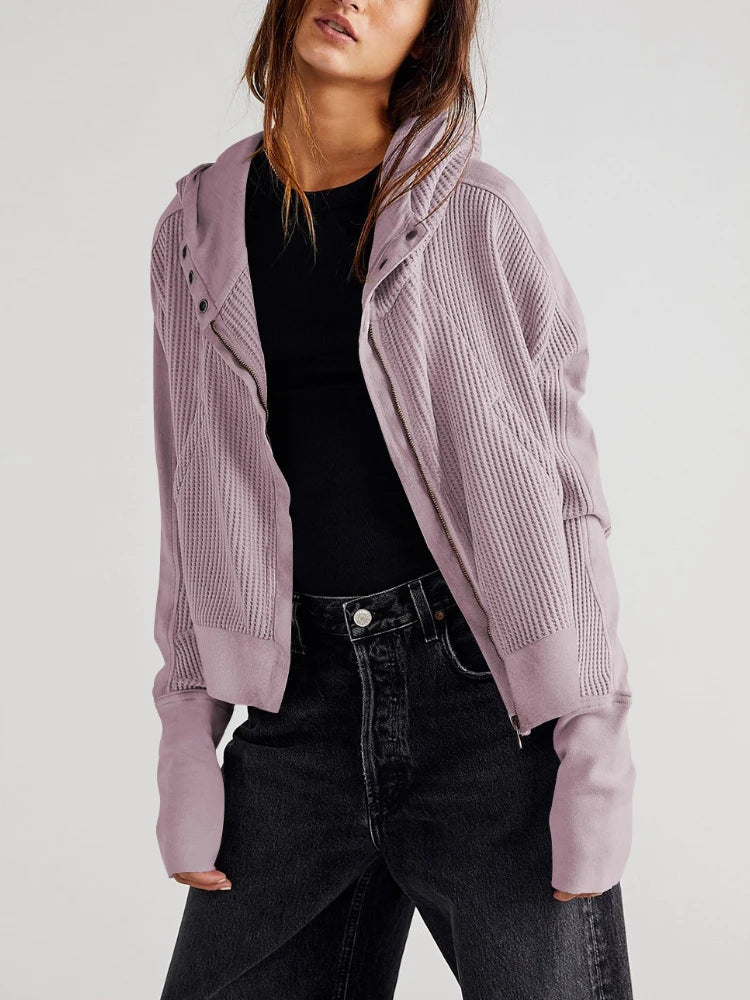 Lavender waffle zip hoodie with hood and front buttons, styled over a dark top.