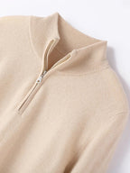 Women's half-zip mock neck knit sweater, beige, silver half-zip and ribbed collar