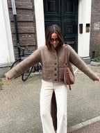 Taupe boxy cardigan sweater, front button placket and long sleeves