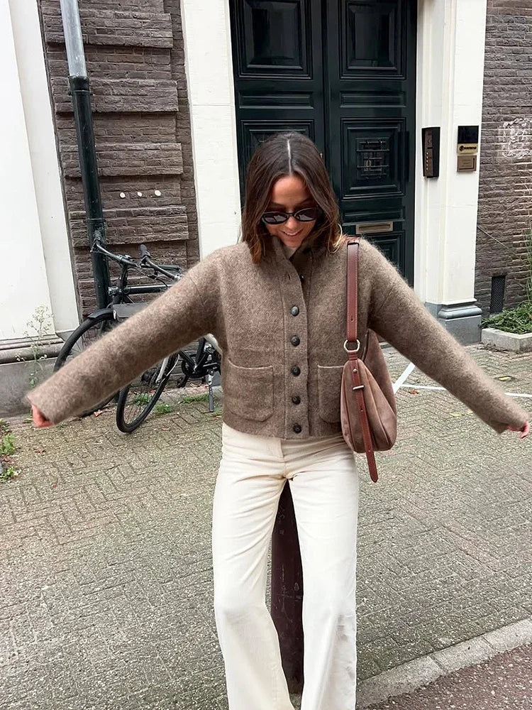 Taupe boxy cardigan sweater, front button placket and long sleeves