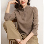 Women’s half-zip mock neck knit sweater in medium taupe-beige, close-up of front zip