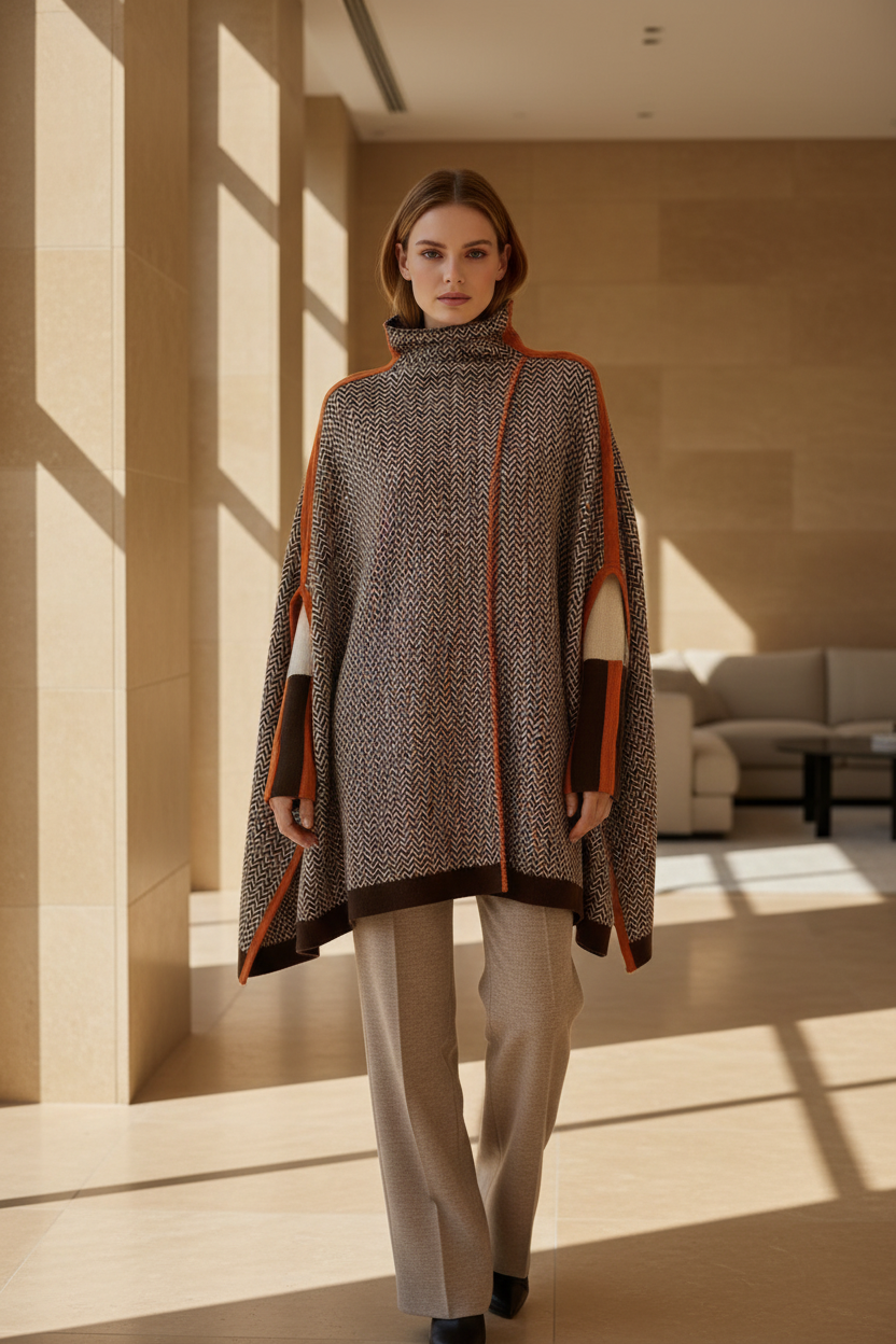 Chevron herringbone turtleneck sweater with orange trim and ribbed cuffs